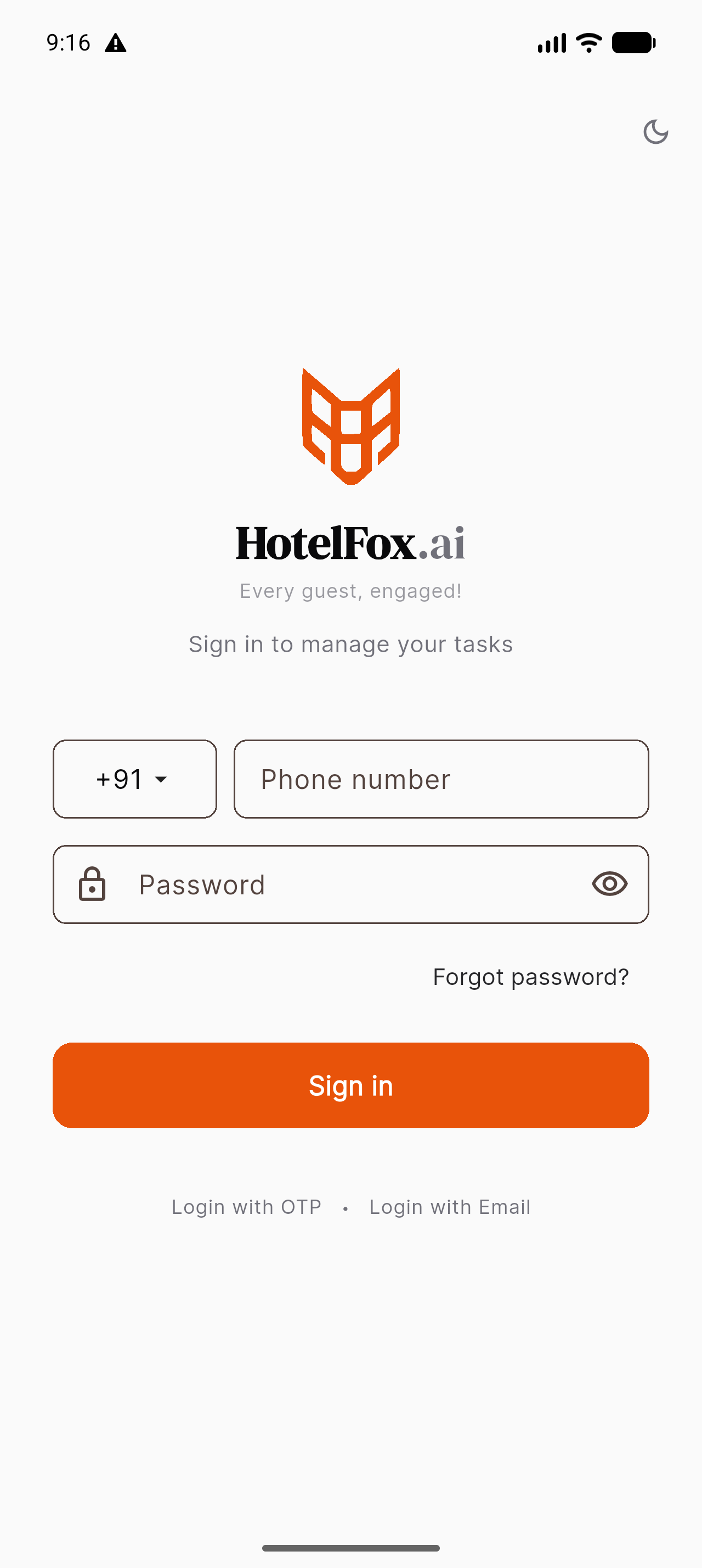 HotelFox Staff app login screen